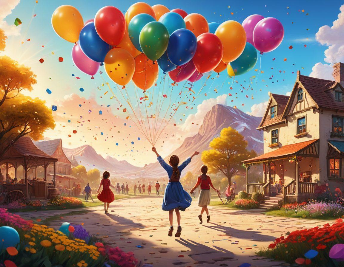 A whimsical landscape filled with colorful board games and oversized dice, where people of various ages laugh and play together, surrounded by playful cartoonish characters representing humor. Bright balloons and confetti float in the air, enhancing the joyful atmosphere. Sunlight beams down, casting a warm glow over the scene, inviting viewers to join the fun. cartoon style. vibrant colors. cheerful atmosphere.