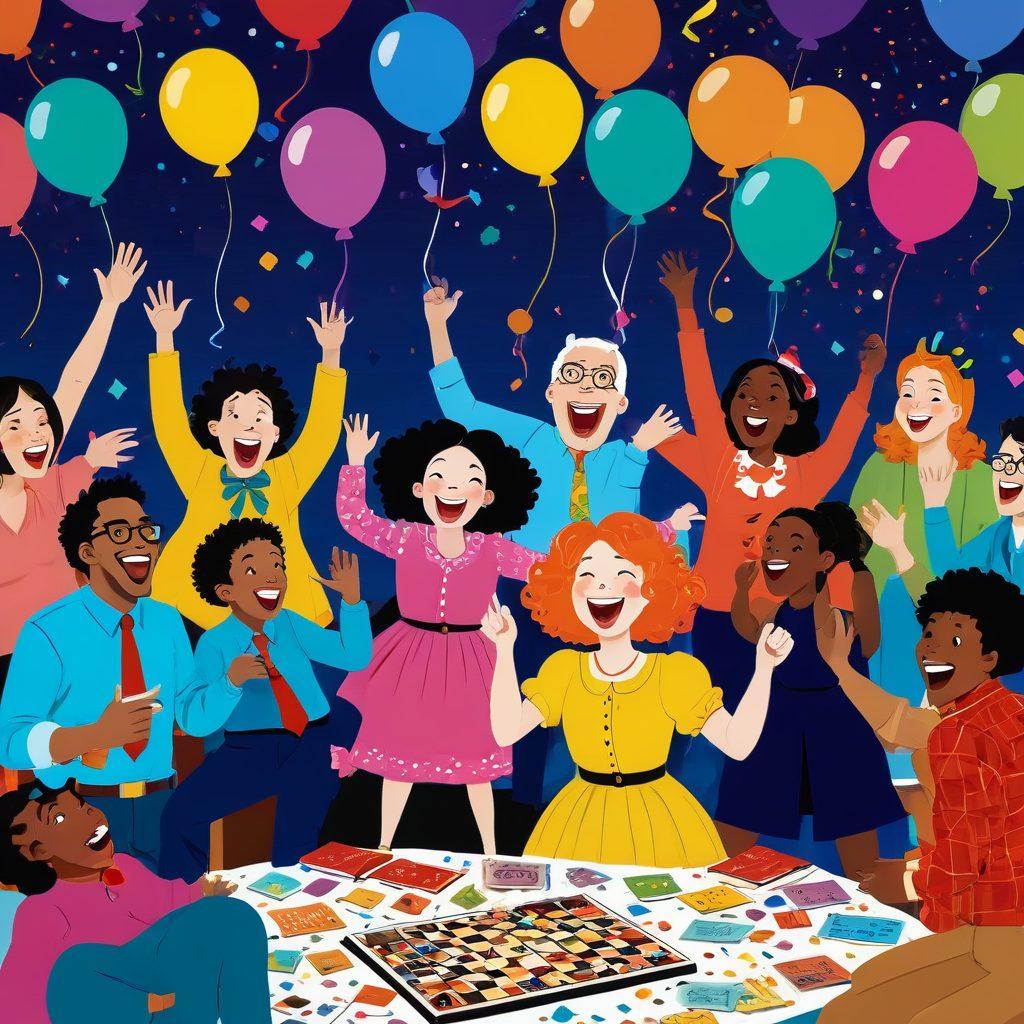 A colorful and whimsical scene featuring a diverse group of people laughing together while playing games and enjoying jokes. Incorporate elements like joke books, board games, and playful characters dressed in funny costumes. Include speech bubbles with humorous punchlines and engaging visuals that portray joy and excitement. The background should be bright and cheerful, radiating fun and entertainment. cartoon style. vibrant colors. lively atmosphere.