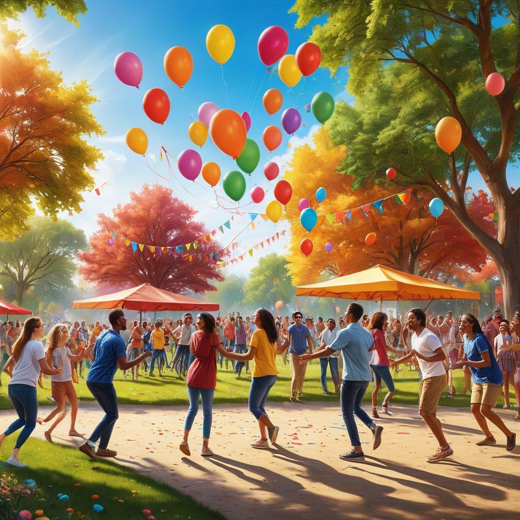 A lively scene depicting various fun-loving individuals engaging in exciting activities like playing games, dancing, and laughing together in a vibrant park setting. Include colorful balloons and game stations with bright signage, evoking a sense of joy and community. The background should feature a sunlit sky and playful clouds, enhancing the overall energetic vibe. super-realistic. vibrant colors. outdoor setting.